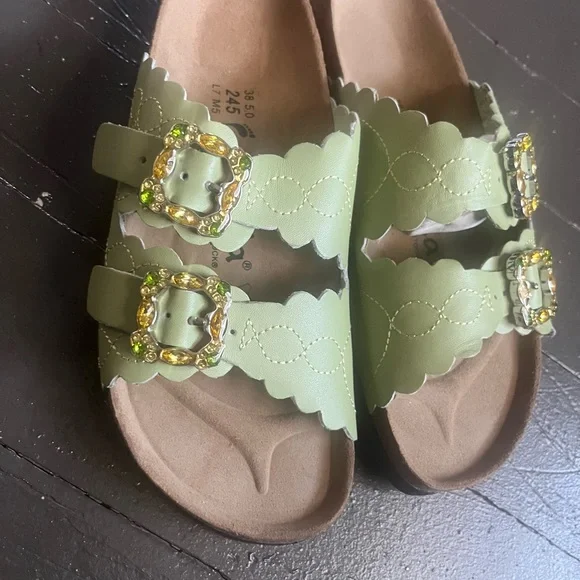Betula Green Scalloped Slide Sandals with Gem Buckles - Picture 5 of 6